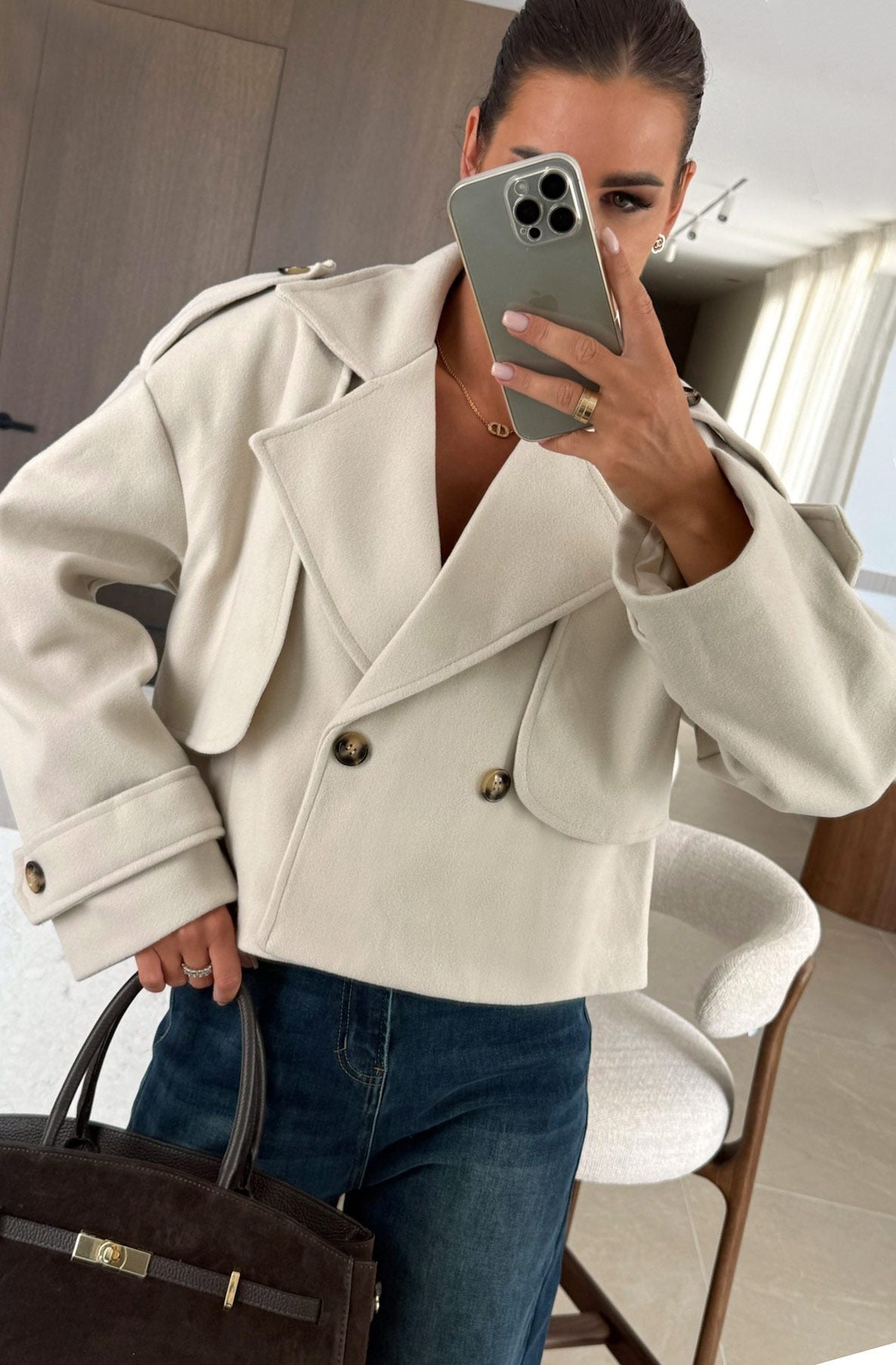 Cropped Double Breasted Jacket Ivory