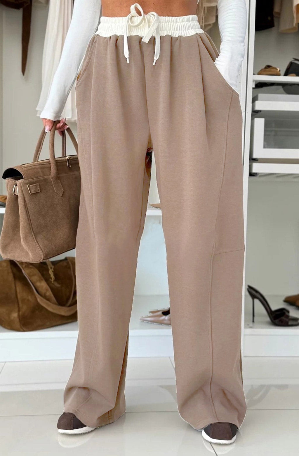 Ivy Contrast Wide Leg Trousers Black/ Brown/ Camel