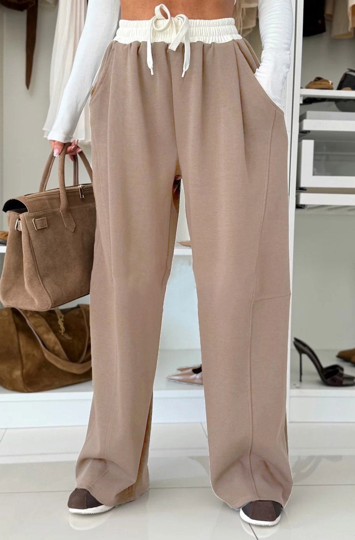 Ivy Contrast Wide Leg Trousers Black/ Brown/ Camel