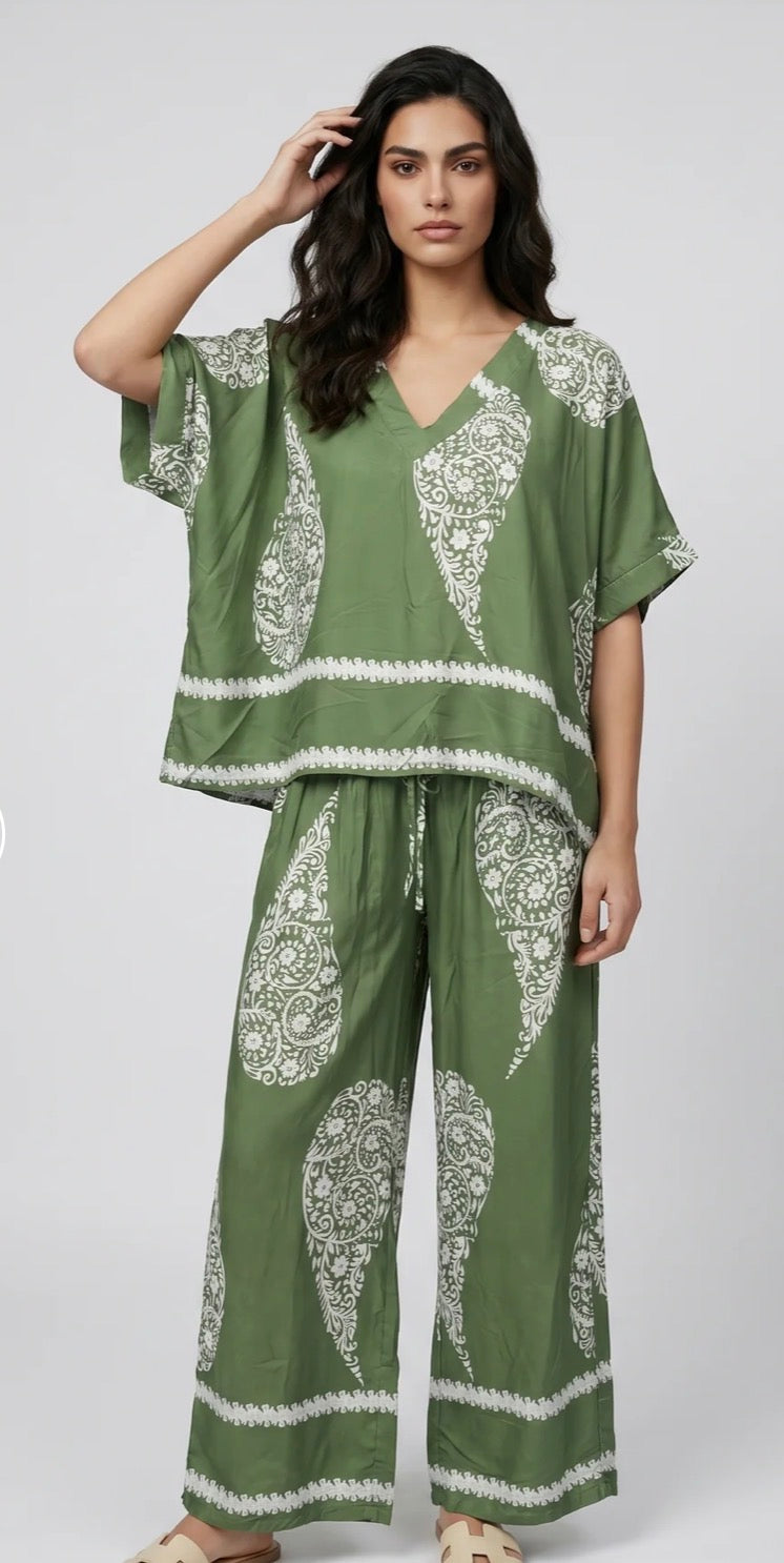 Satin Paisley Trouser Khaki Co-ord