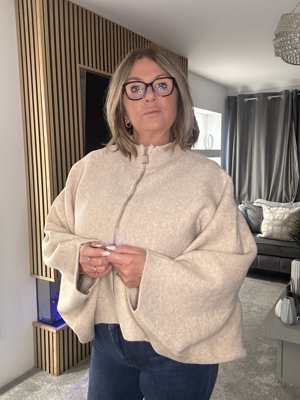 Zip Knitted High-Low Cardigan  Light Beige