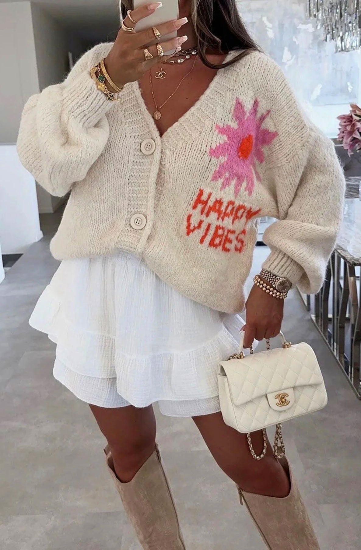 Happy Vibes Knitted Cardigan Cream