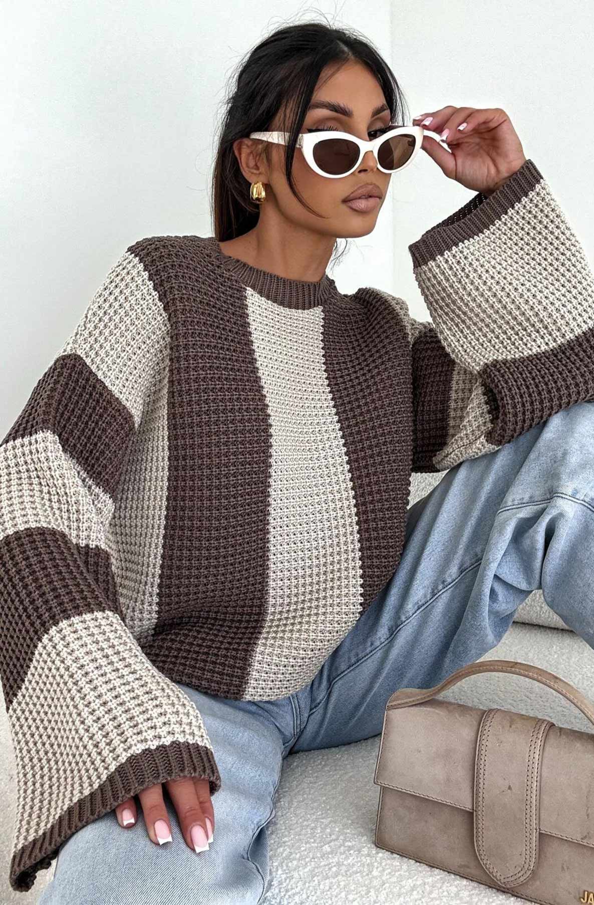 Reyana Striped Wide Sleeve Jumper Stone