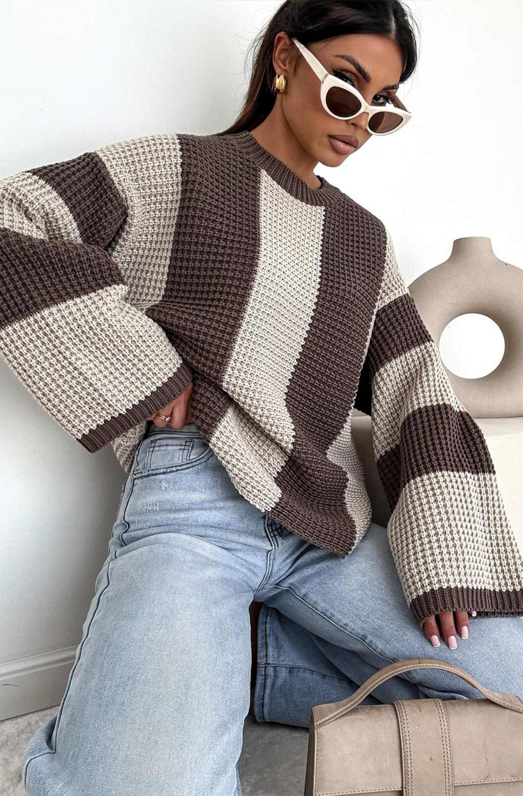 Reyana Striped Wide Sleeve Jumper Stone