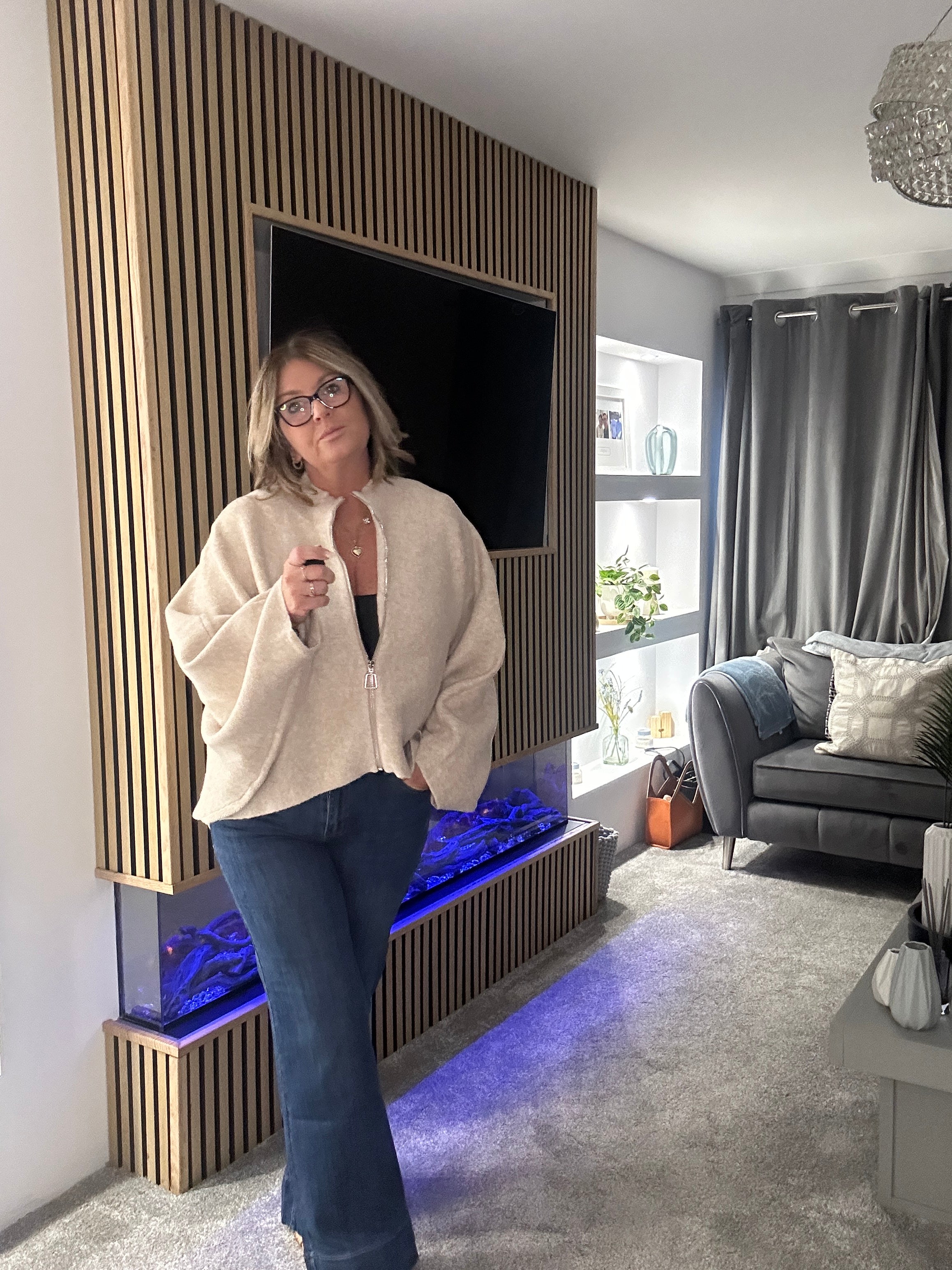 Zip Knitted High-Low Cardigan  Light Beige