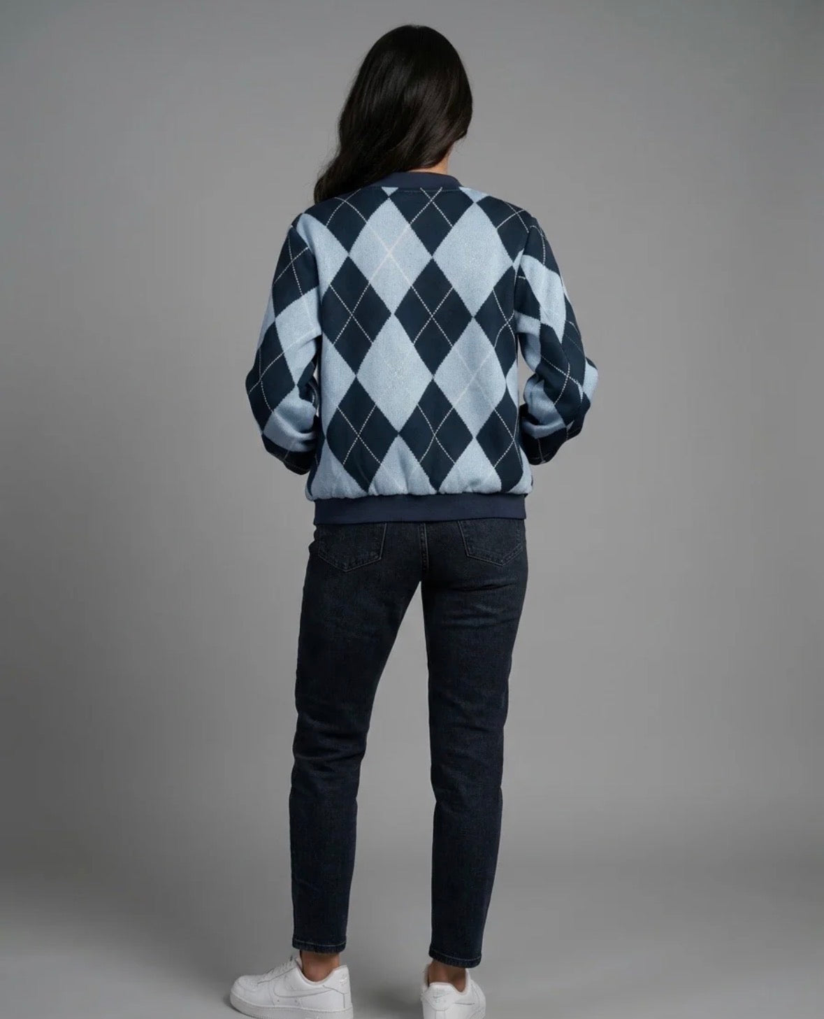 Satin Feel Argyle Print Bomber Jacket