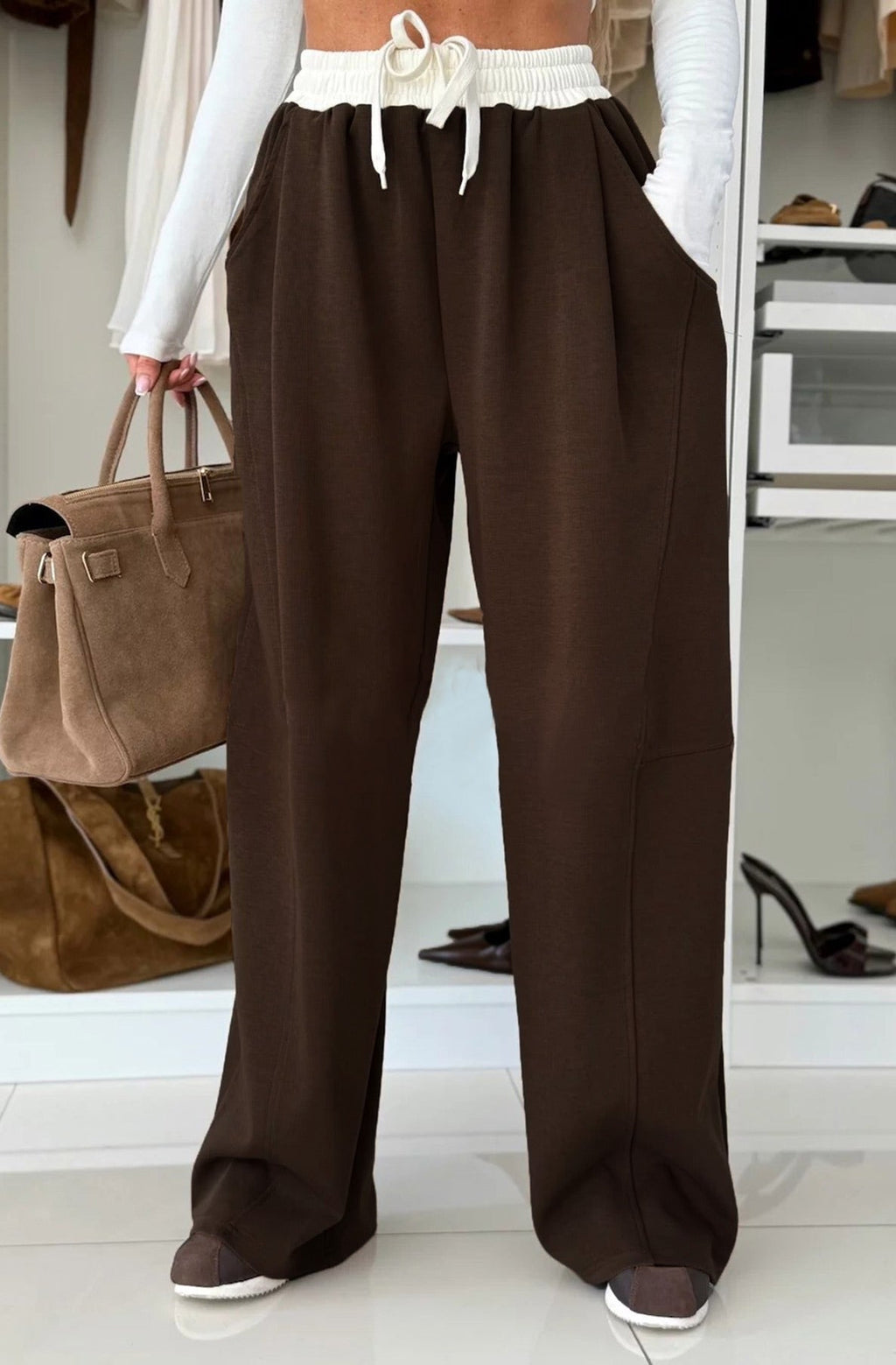 Ivy Contrast Wide Leg Trousers Black/ Brown/ Camel