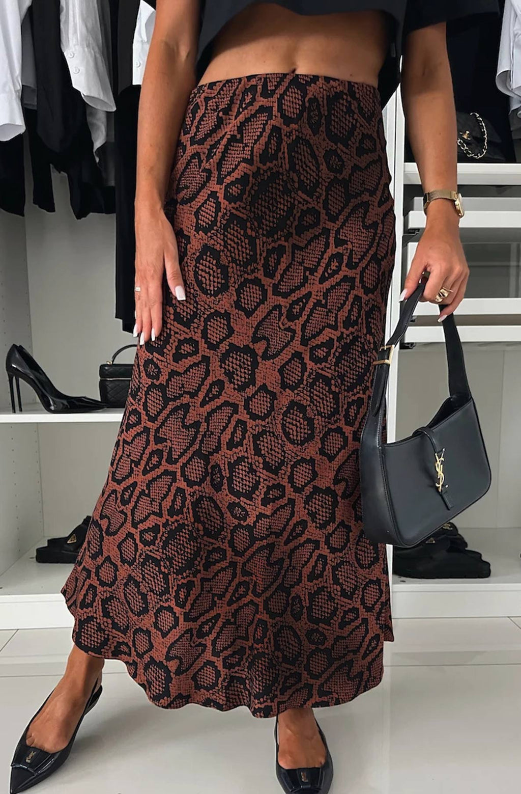 Riva Satin Snake Print Skirt Brown