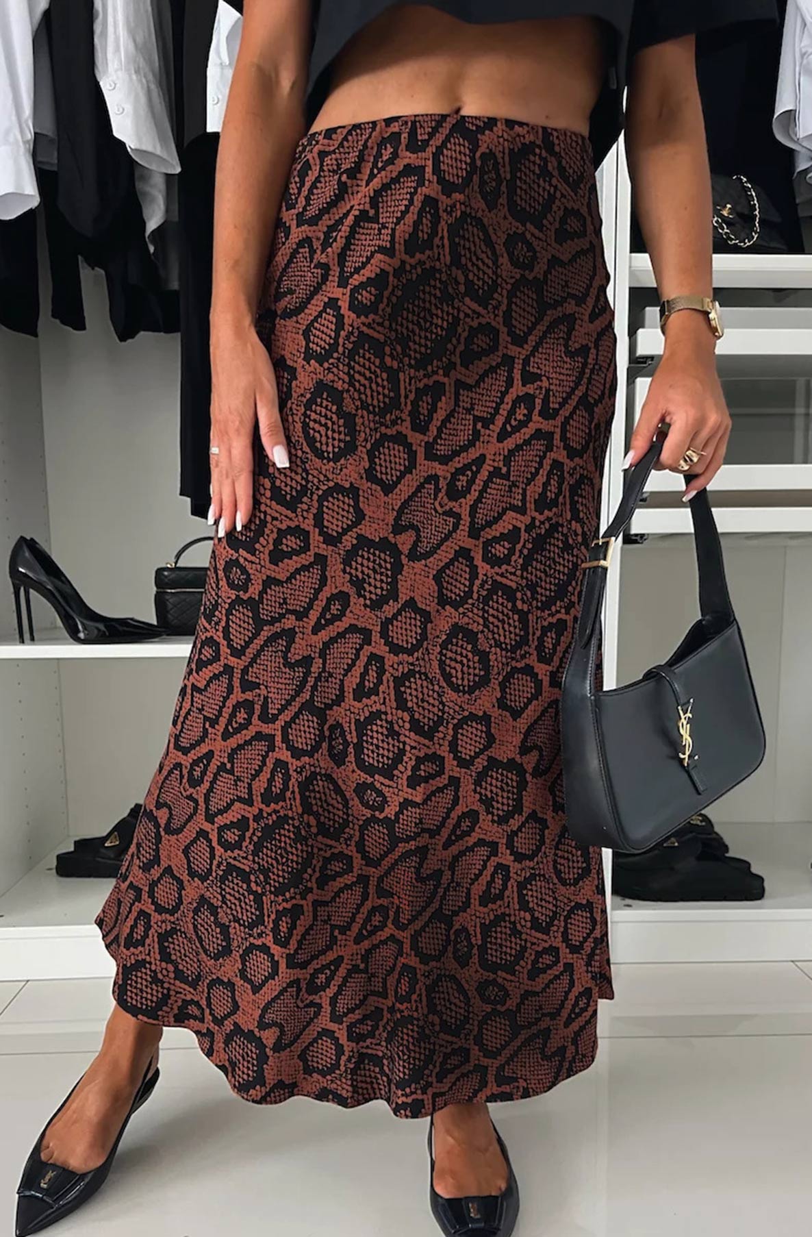 Riva Satin Snake Print Skirt Brown