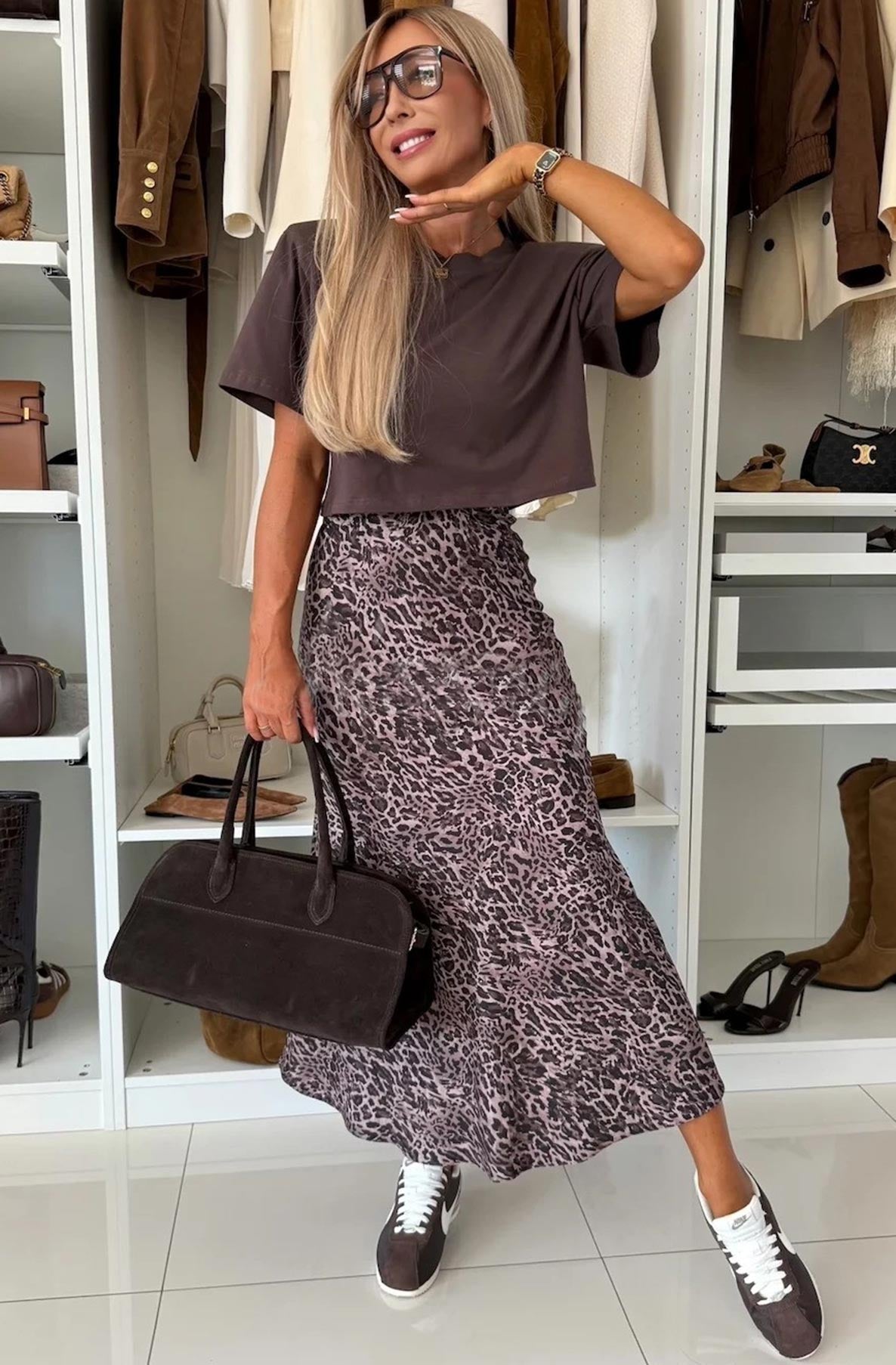 Zara Satin Leopard Print Skirt Mauve