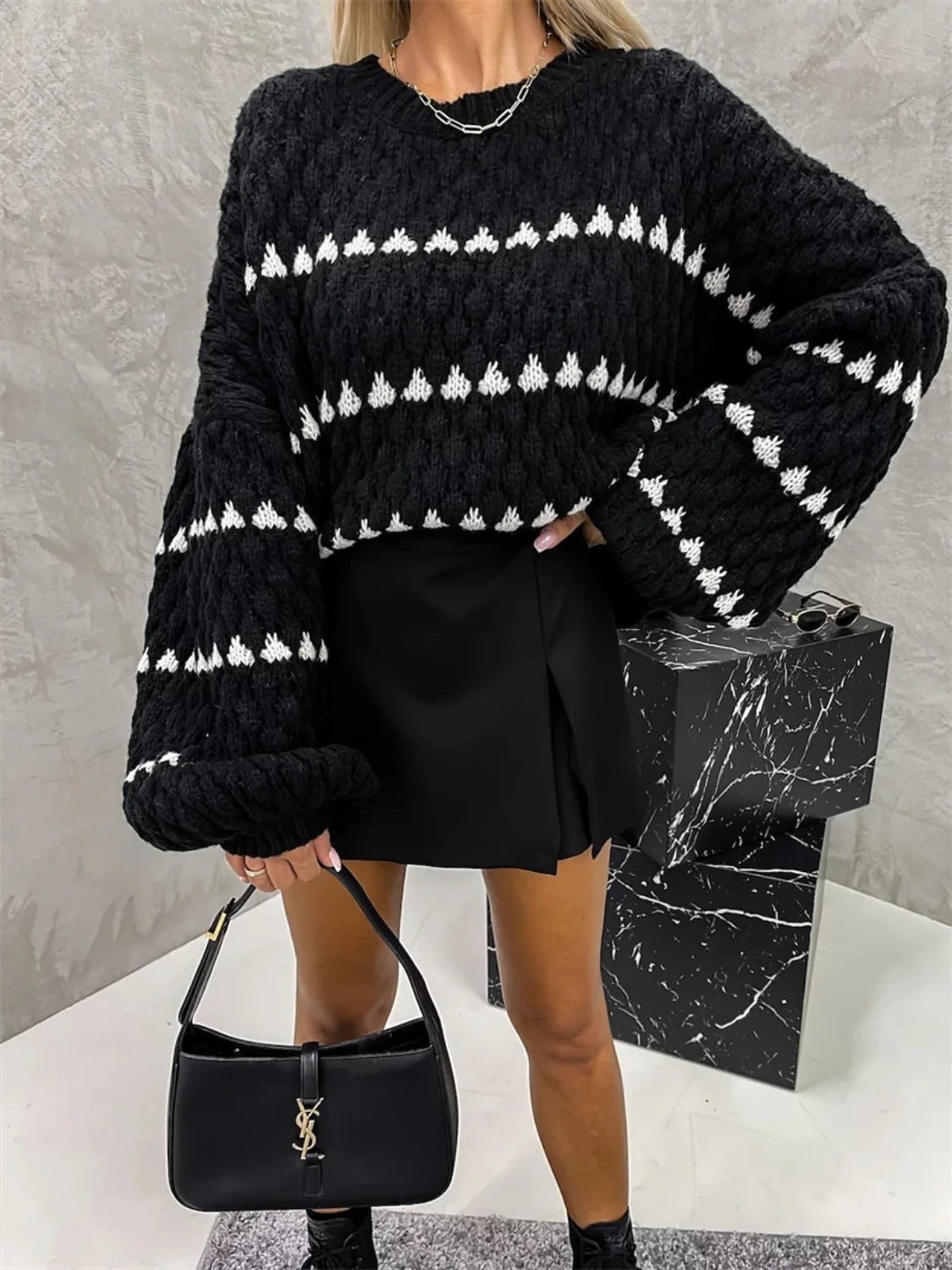 Jodie Patterned Knitted Jumper Black