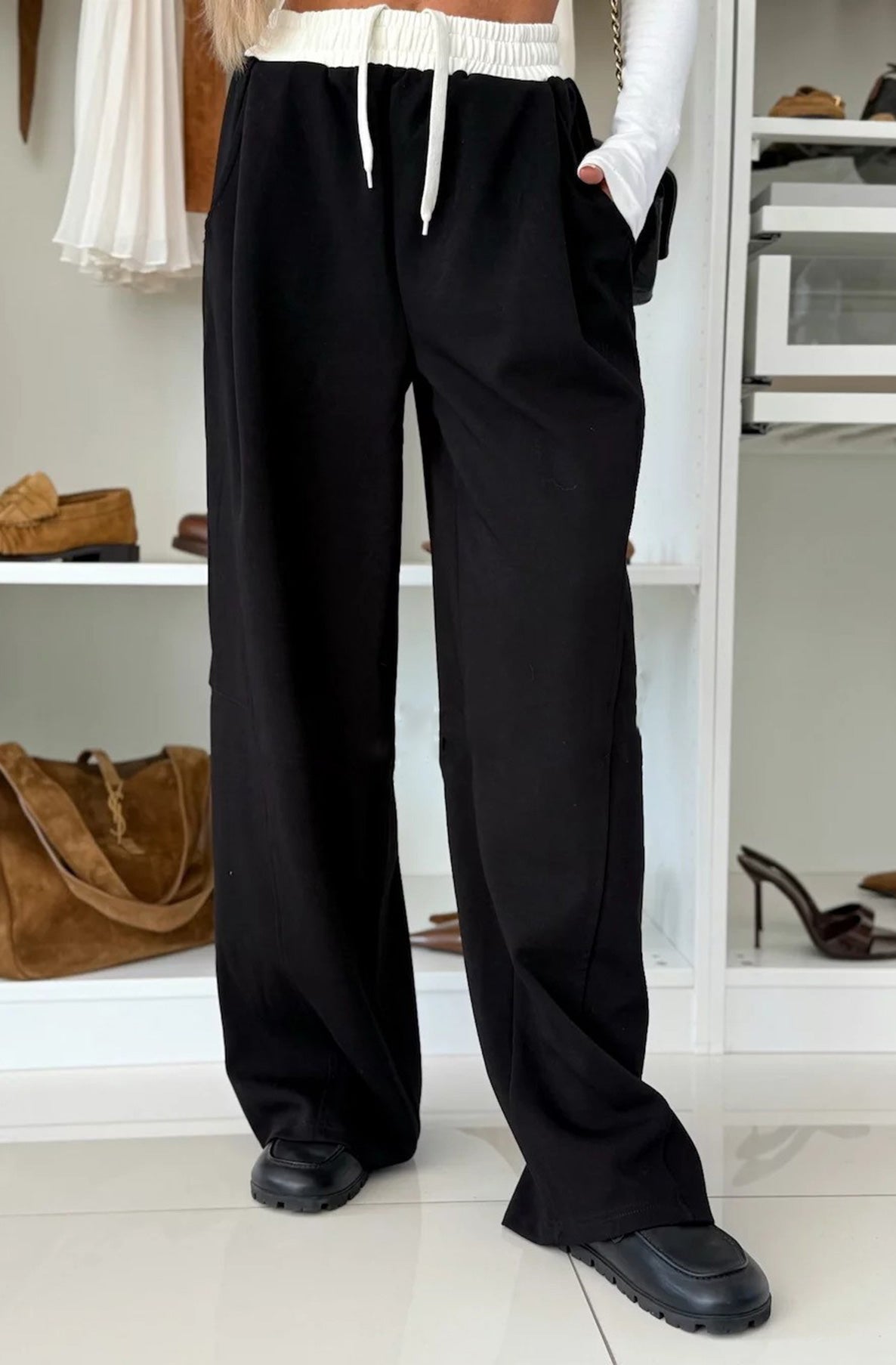 Ivy Contrast Wide Leg Trousers Black/ Brown/ Camel