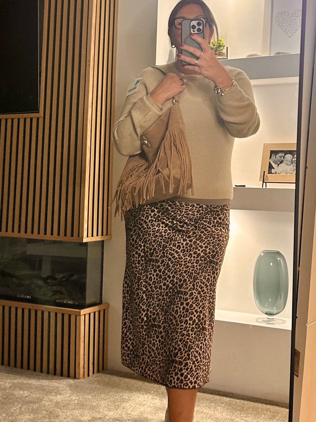 Zara Satin Leopard Print Skirt Brown