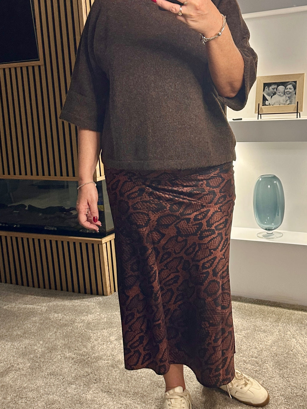 Riva Satin Snake Print Skirt Brown