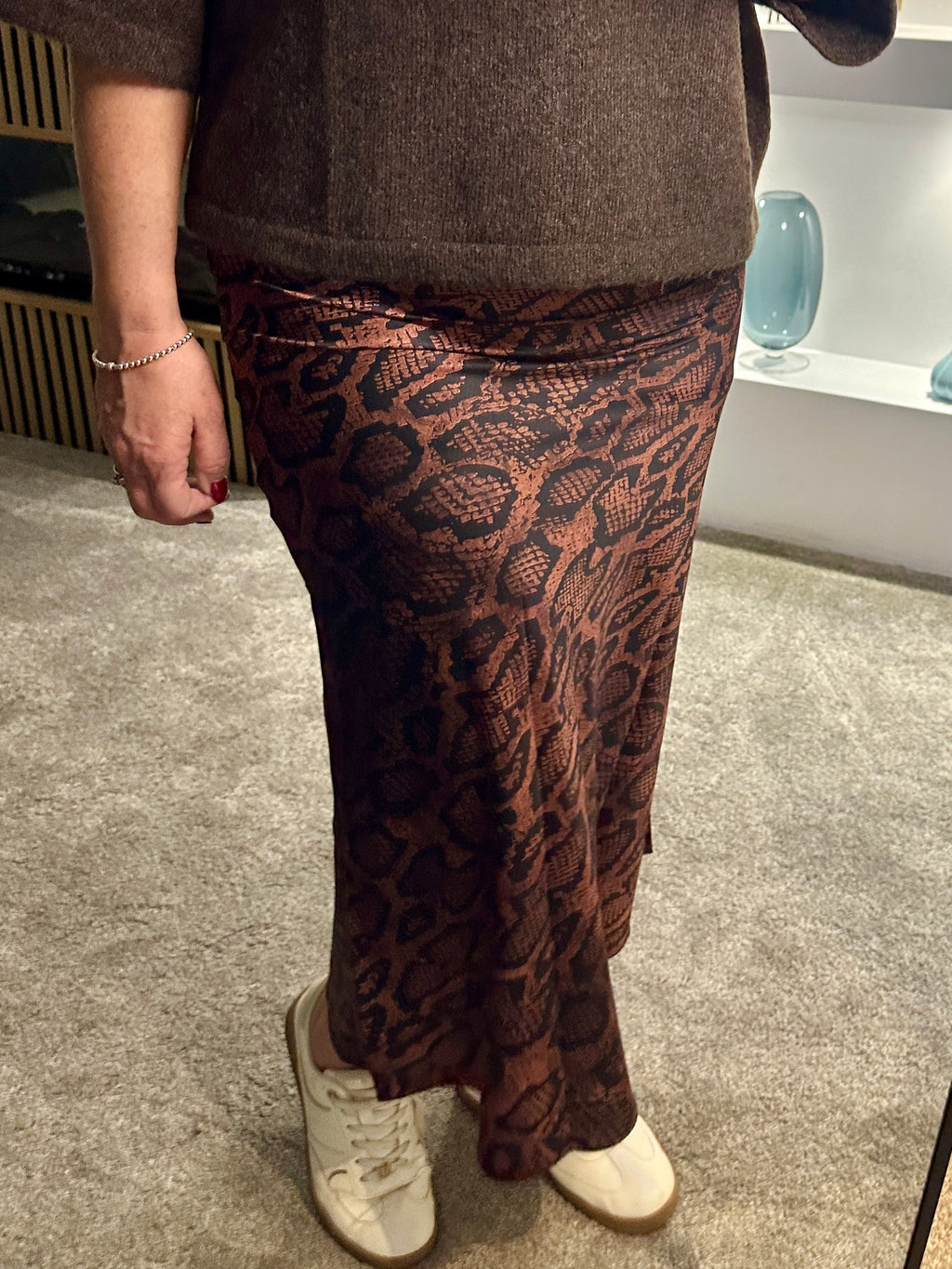 Riva Satin Snake Print Skirt Brown