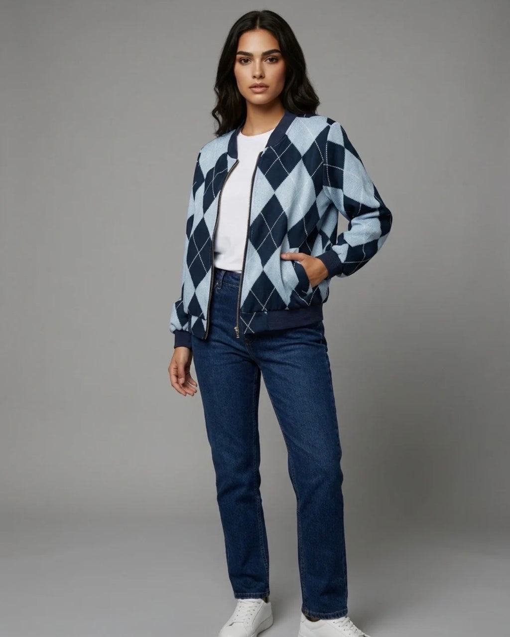 Satin Feel Argyle Print Bomber Jacket