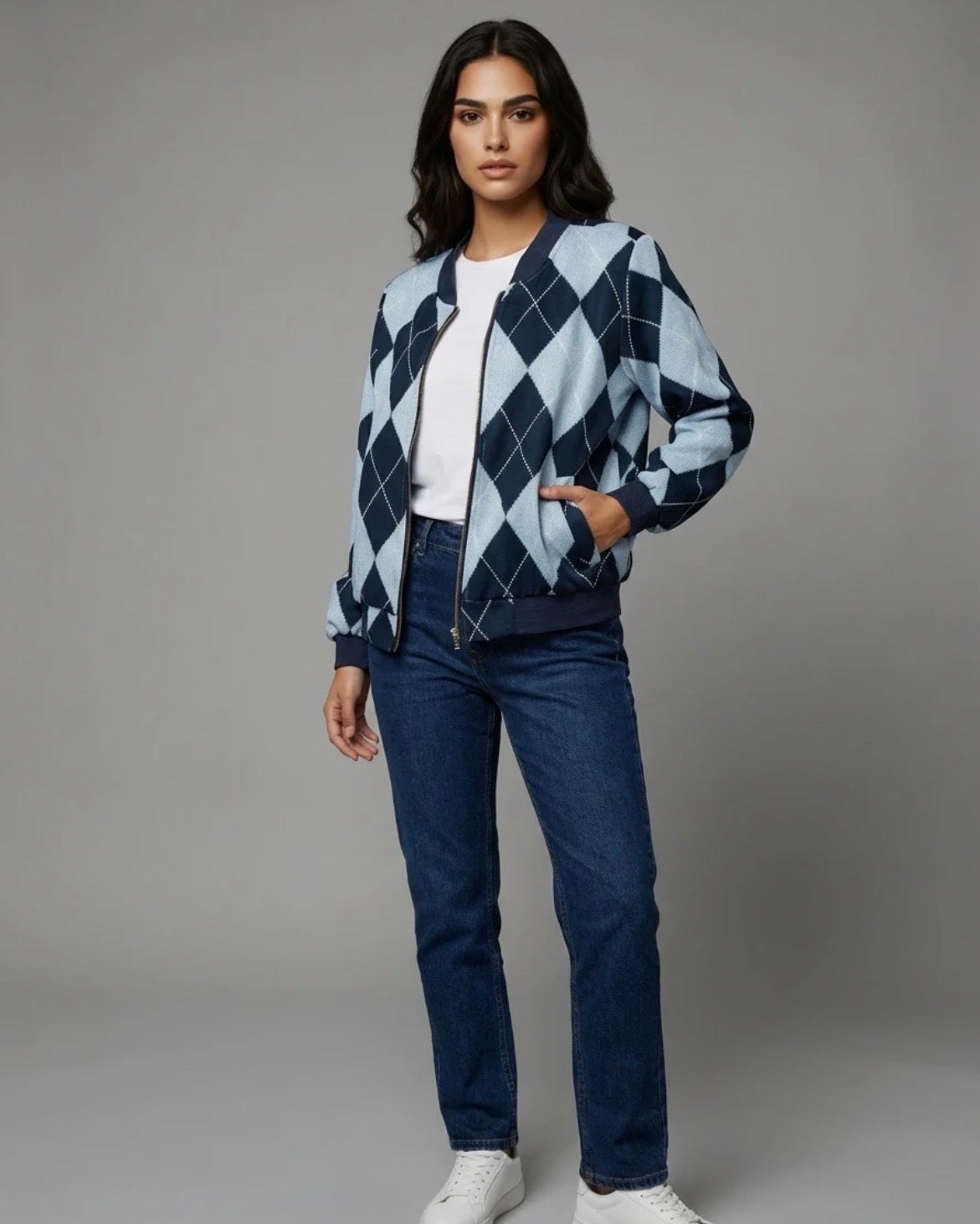 Satin Feel Argyle Print Bomber Jacket