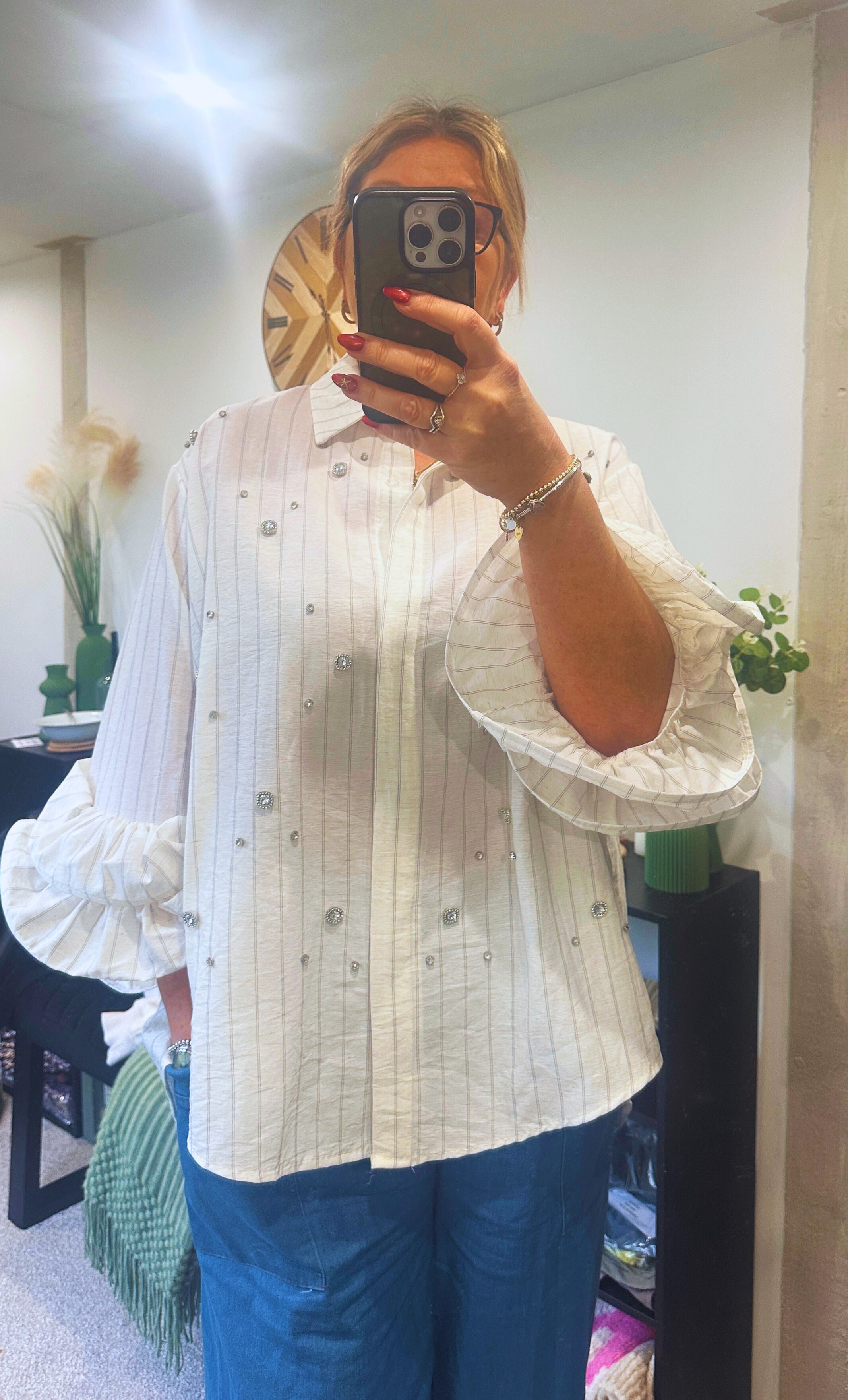 Diamanty striped Frill Sleeve Shirt