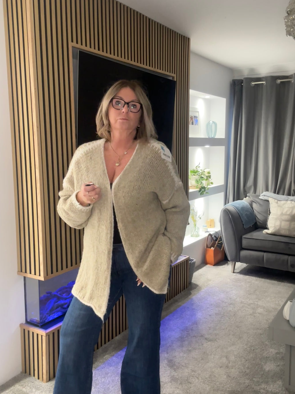 Contrast Knitted Cardigan Stone