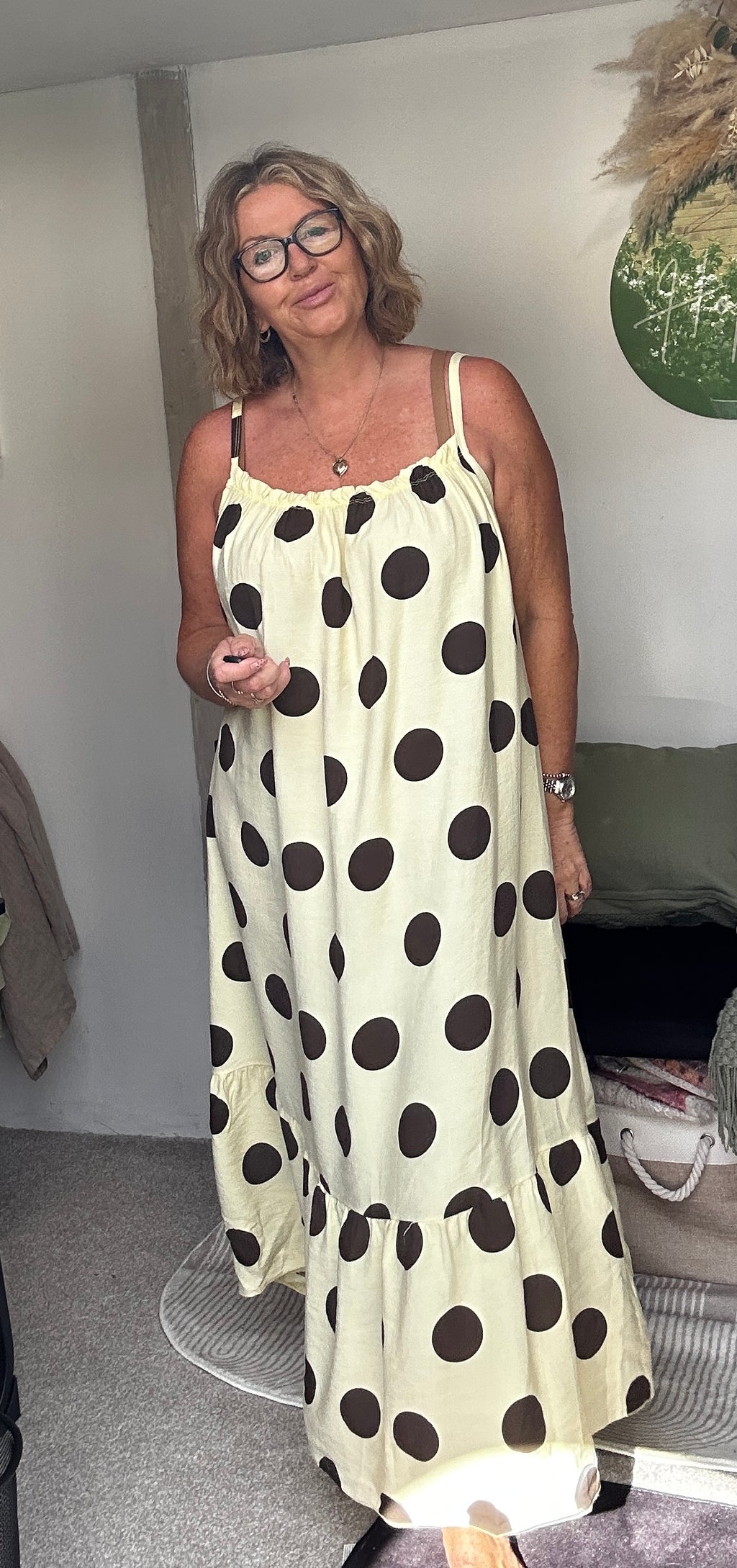 Yellow with brown spots maxi dress