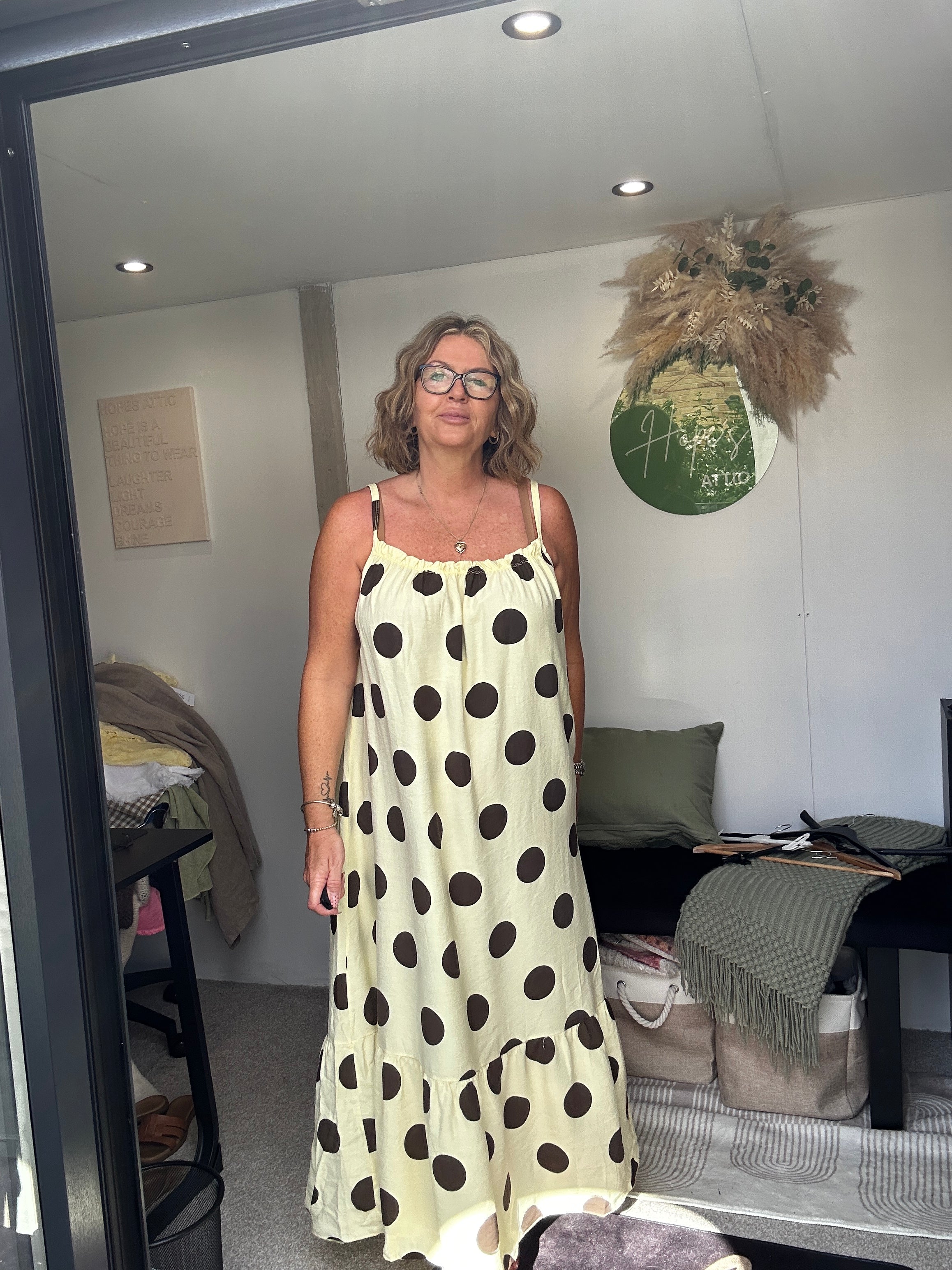 Yellow with brown spots maxi dress