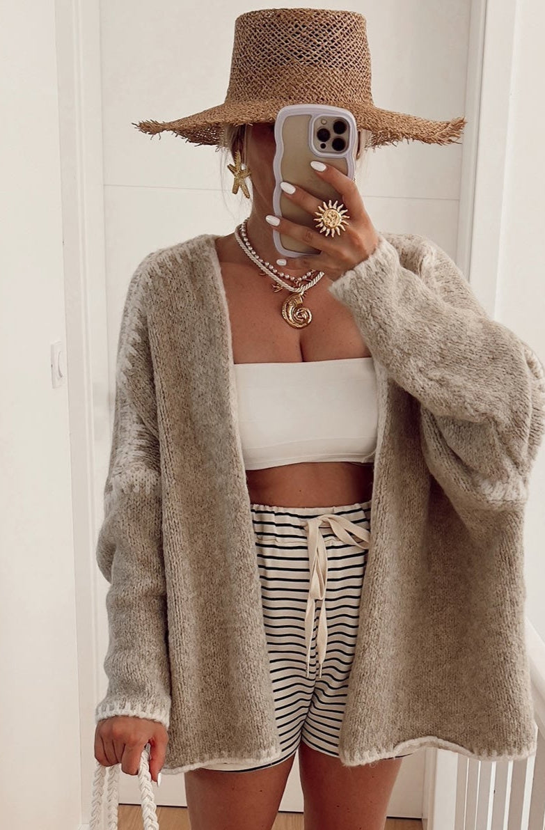 Contrast Knitted Cardigan Stone