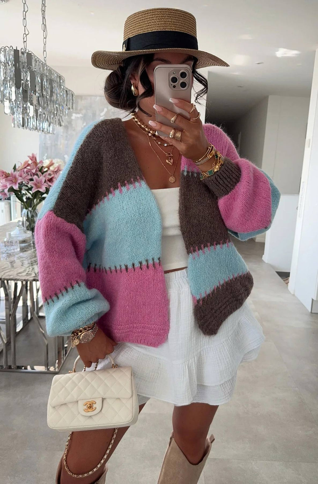 Contrast Patchwork Colour Block Knitted Cardigan Brown/Pink