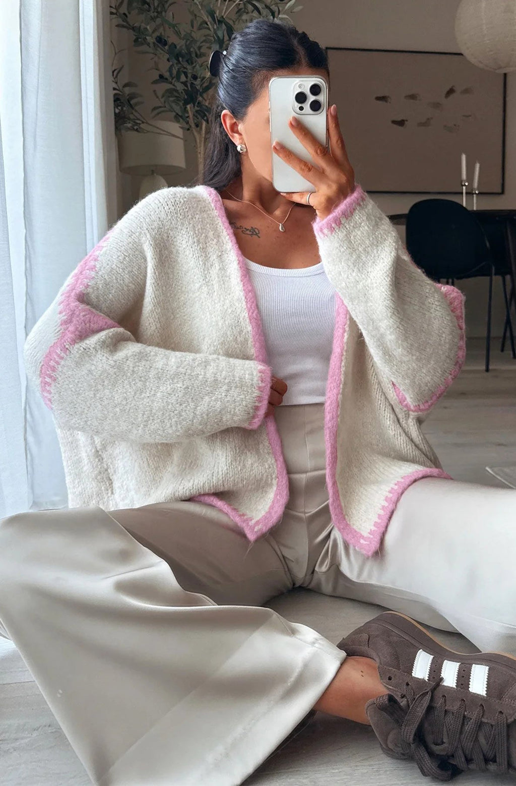 Contrast Knitted Cardigan Pink