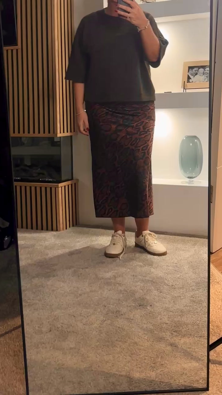 Riva Satin Snake Print Skirt Brown